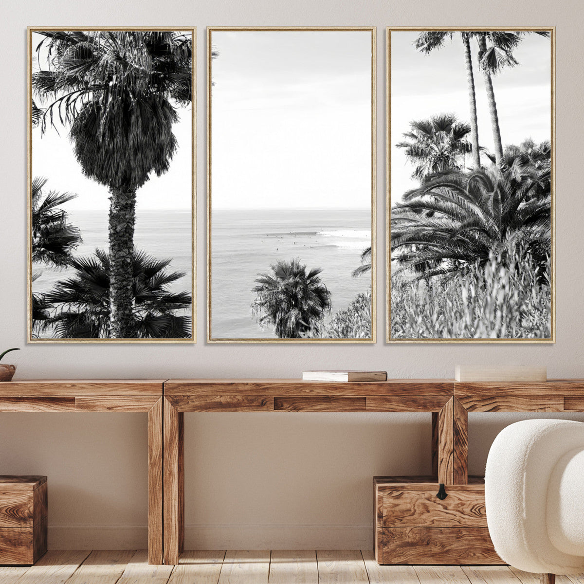 Palm Trees Wall Art Canvas Print, Framed Coastal Ocean Horizon Monochrome Art