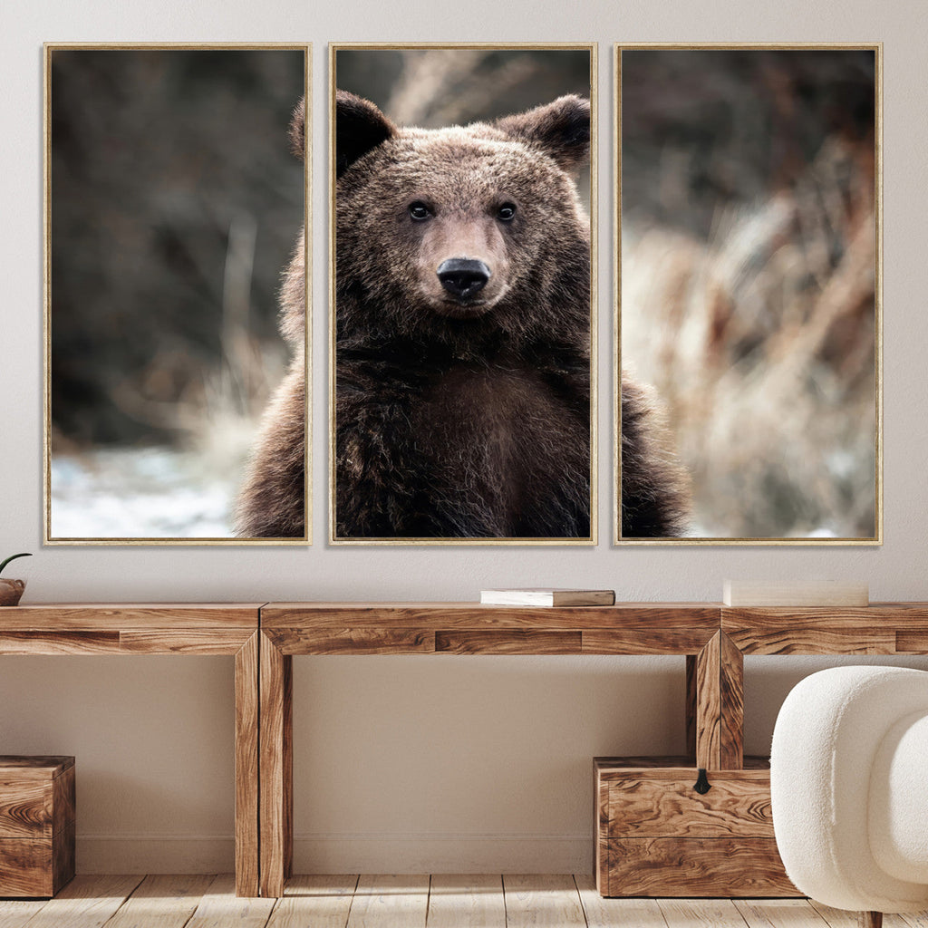 Brown Bear Wall Art Canvas Print, Framed Majestic Woodland Wildlife Cabin Art