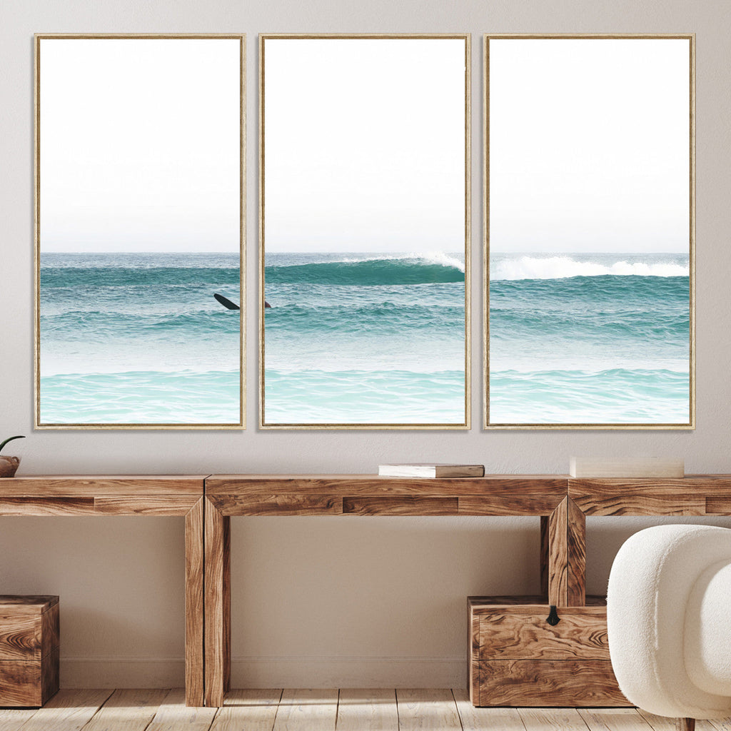Surfing Wall Art Canvas Print, Framed Minimalist Ocean Waves Beach Art