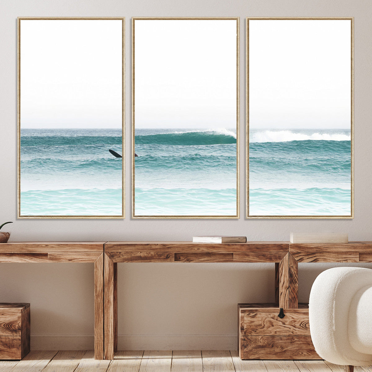 Surfing Wall Art Canvas Print, Framed Minimalist Ocean Waves Beach Art