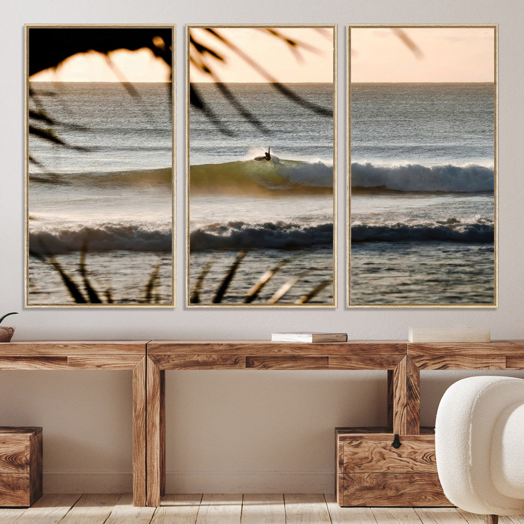 Sunset Surf Wall Art Canvas Print, Framed Golden Hour Waves Boho Beach Art