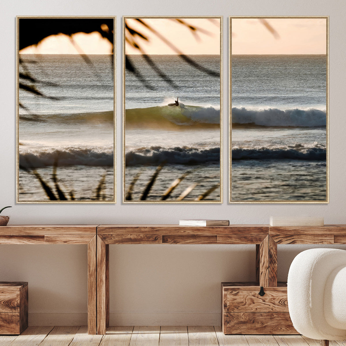 Sunset Surf Wall Art Canvas Print, Framed Golden Hour Waves Boho Beach Art