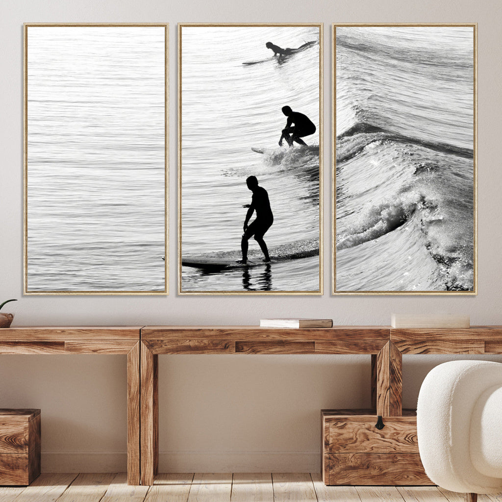 Surfers on Waves Wall Art Canvas Print | Framed Black and White Surf