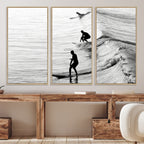 Surfers on Waves Wall Art Canvas Print | Framed Black and White Surf