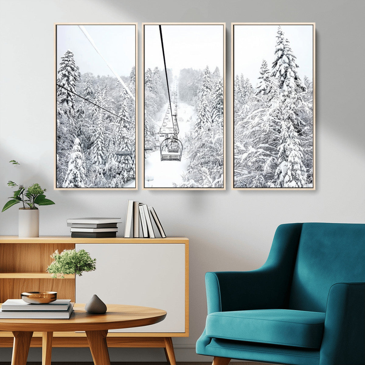 Snowy Ski Lift Wall Art | Framed Winter Mountain Canvas