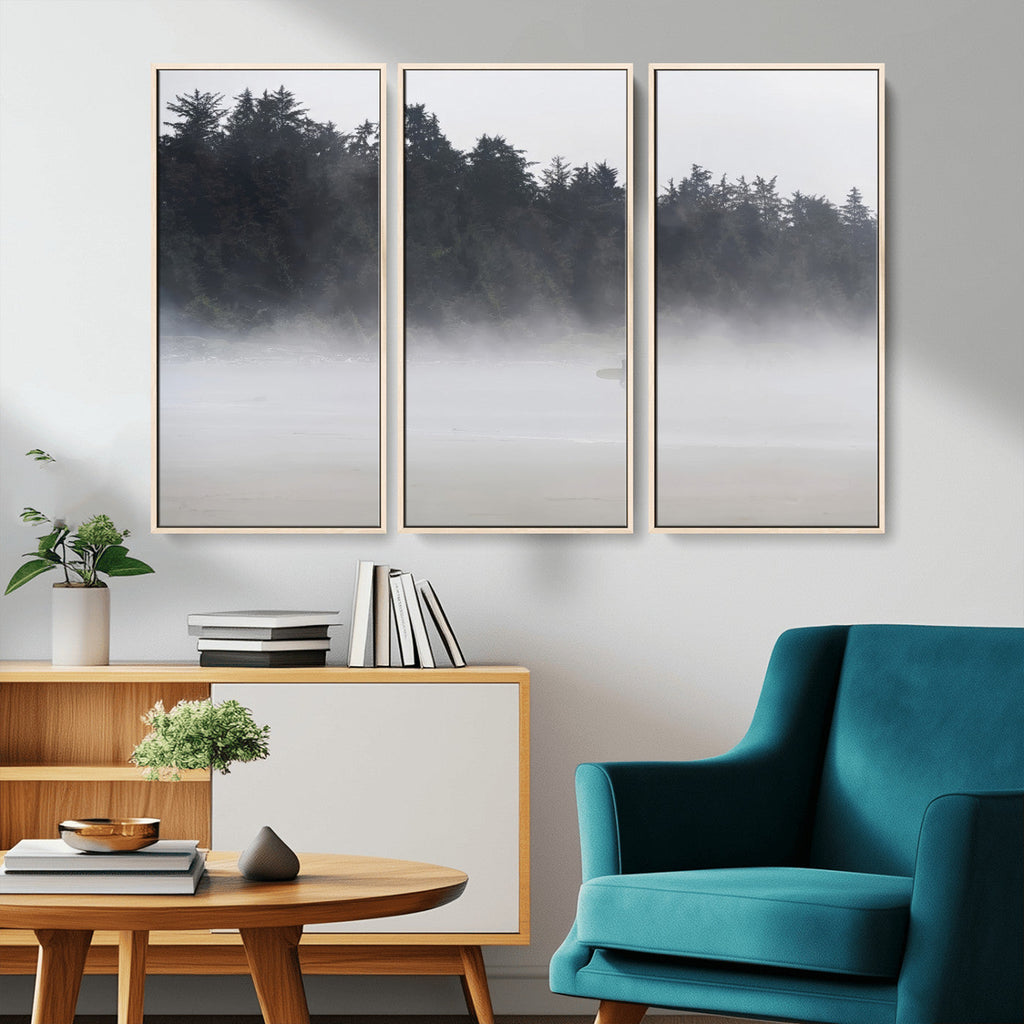 Surfer Fog Wall Art Canvas Print, Framed Foggy Beach and Coastal Surf Scene