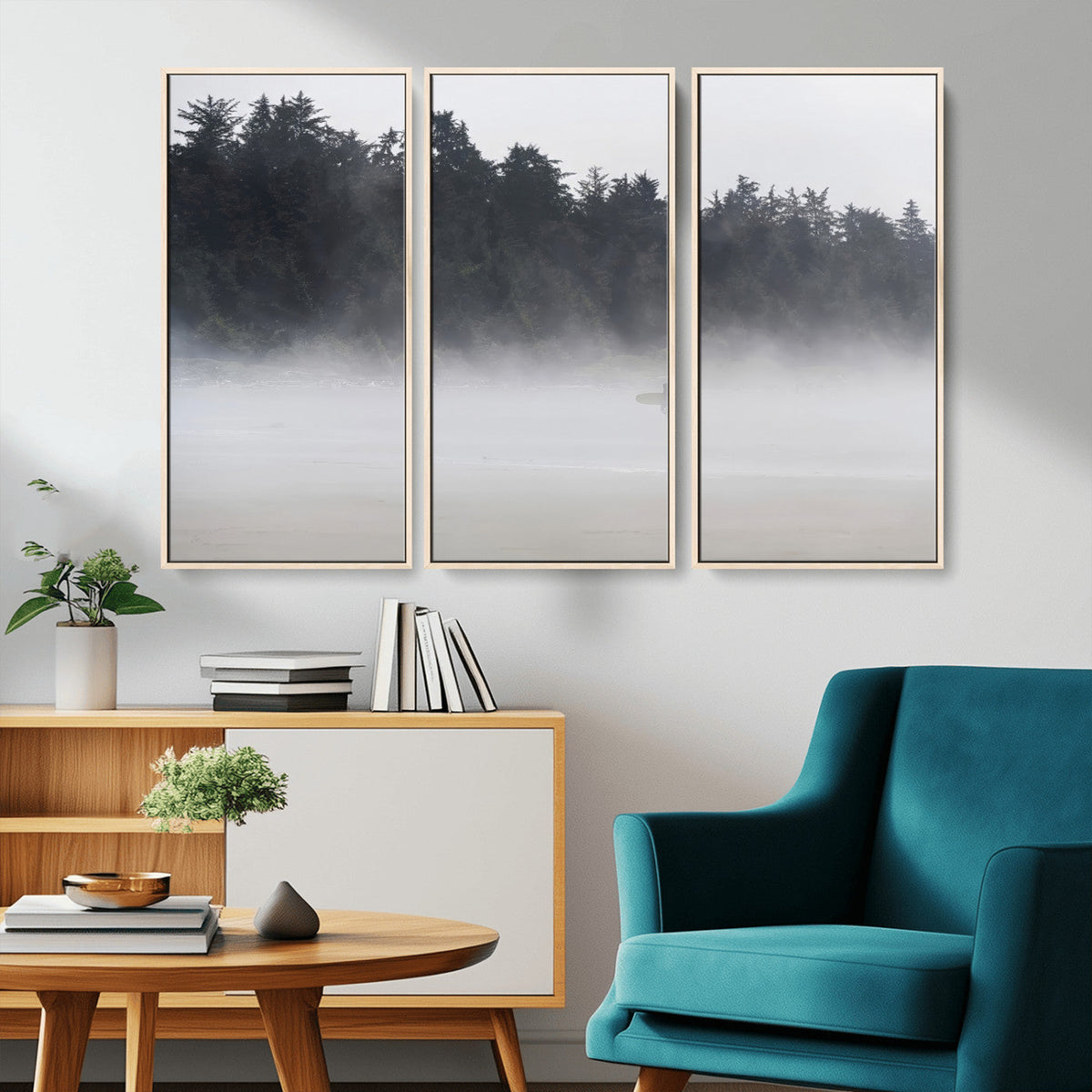 Surfer Fog Wall Art Canvas Print, Framed Foggy Beach and Coastal Surf Scene