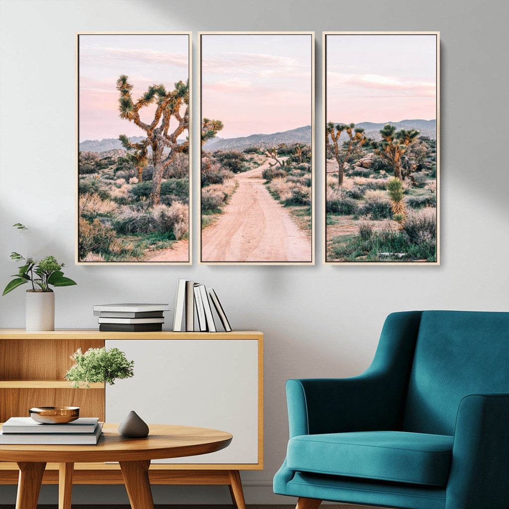 Joshua Tree Wall Art Canvas Print, Framed Desert Road Scene at Sunset
