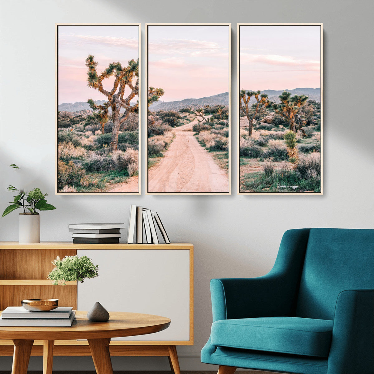 Joshua Tree Wall Art Canvas Print, Framed Desert Road Scene at Sunset