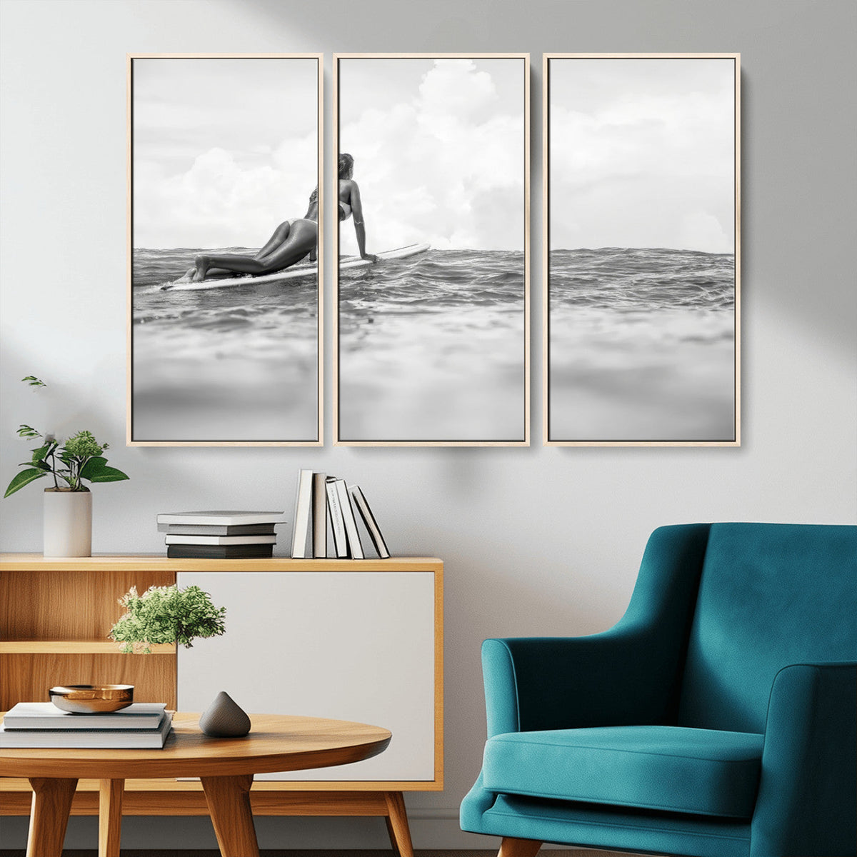 Black and White Surfing Wall Art Canvas Print, Framed Ocean Horizon Surfer Girl