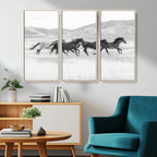 Wild Horses Running Wall Art Canvas Print, Framed Black White Mustangs Artwork