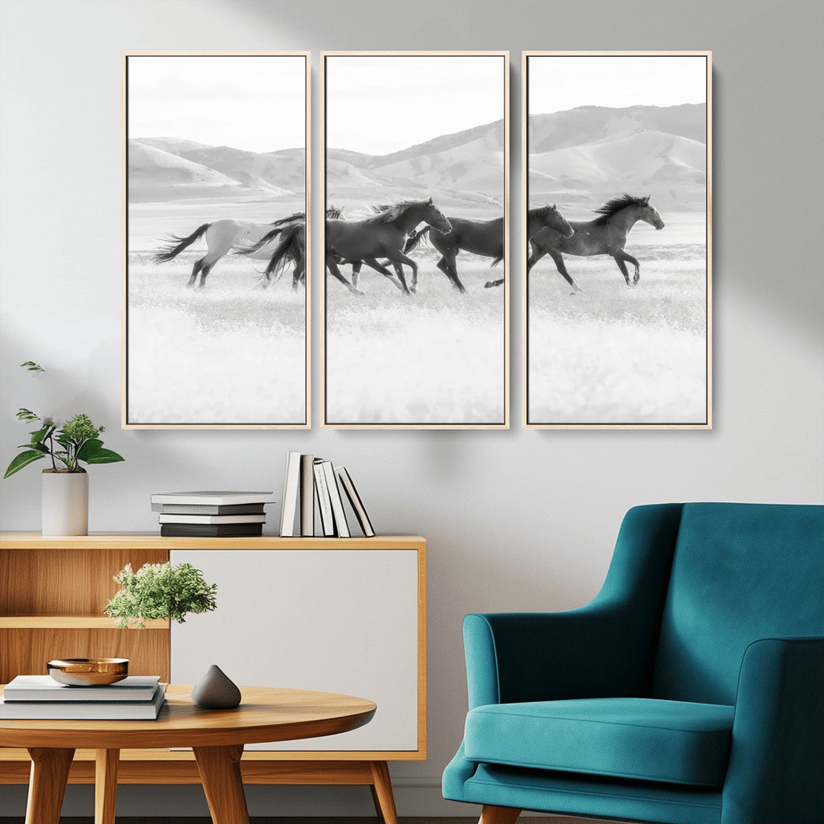 Wild Horses Running Wall Art Canvas Print, Framed Black White Mustangs Artwork