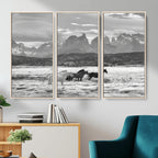 Wild Horses Wall Art | Framed Black White Mountain Canvas