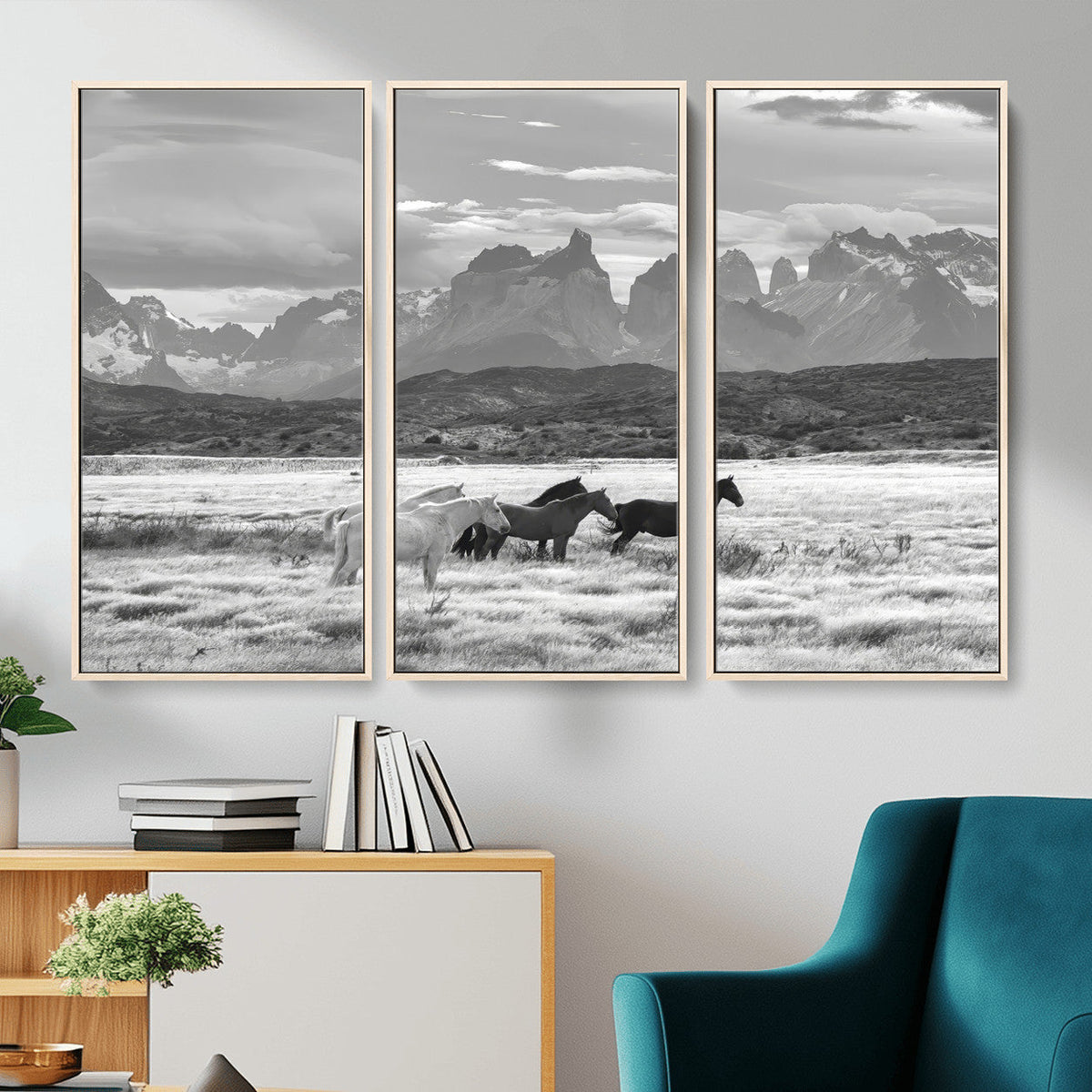 Wild Horses Wall Art | Framed Black White Mountain Canvas