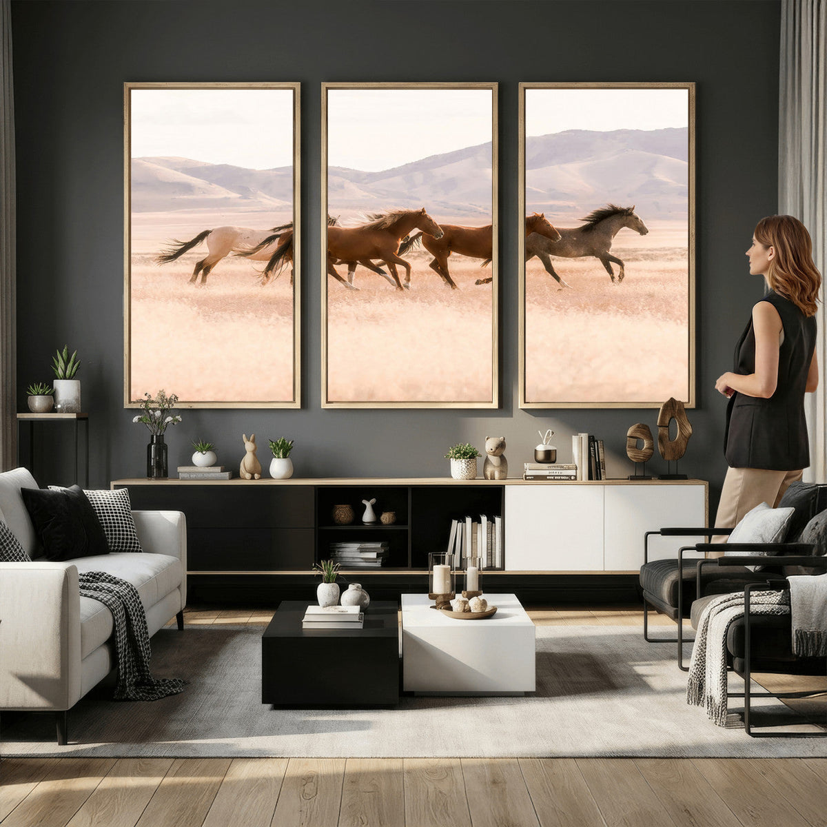 Wild Horse Wall Art Canvas Print, Framed Rustic Western Art, Desert Horse Scene
