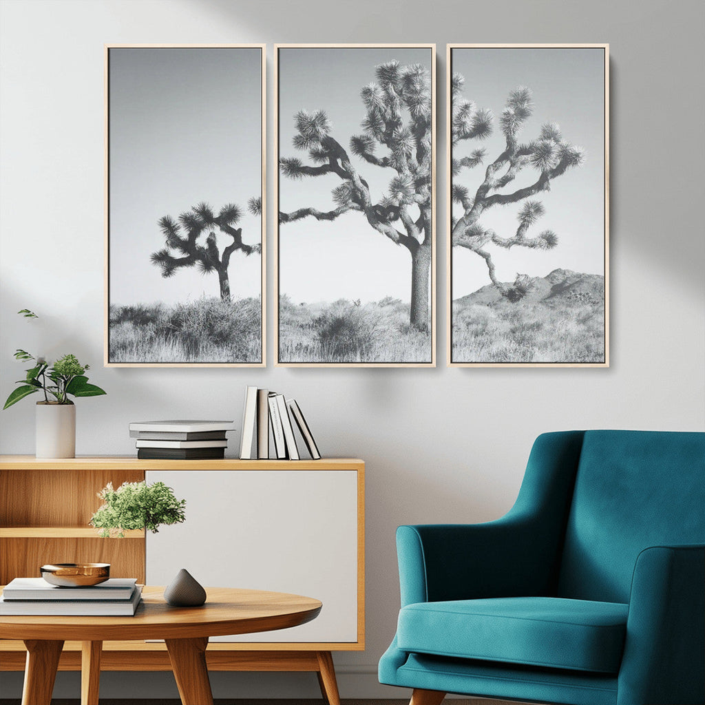 Joshua Tree Wall Art Canvas Print, Framed Black and White Desert Landscape Artwork