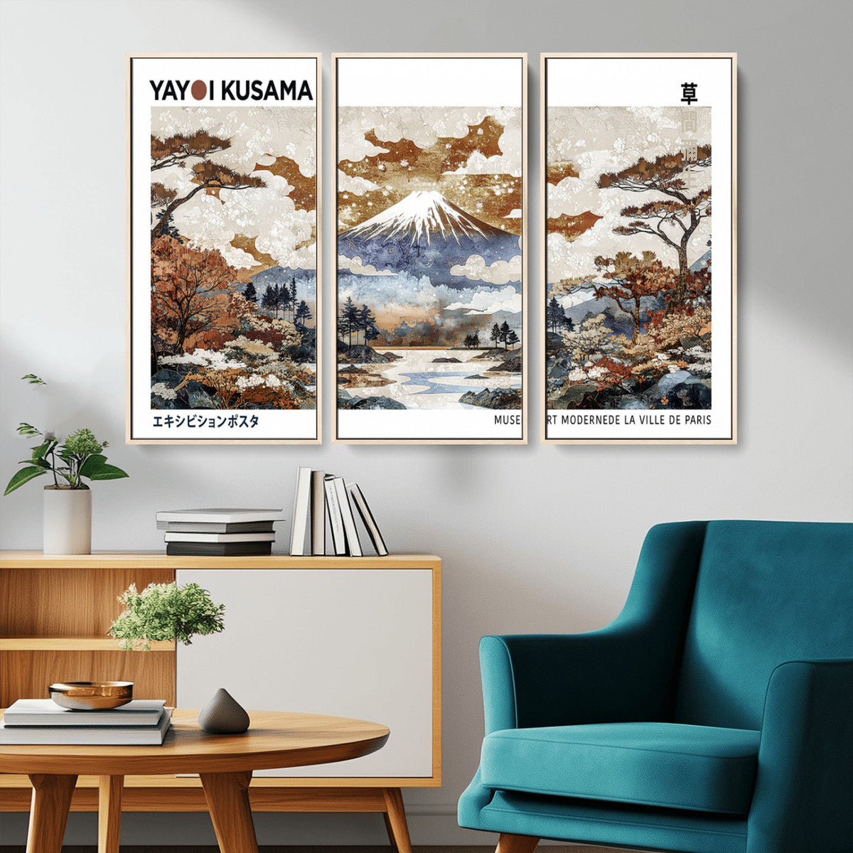 Modern Japanese Wall Art Canvas Print, Framed Abstract Mount Fuji Landscape, Yayoi Kusama Canvas Wall Art