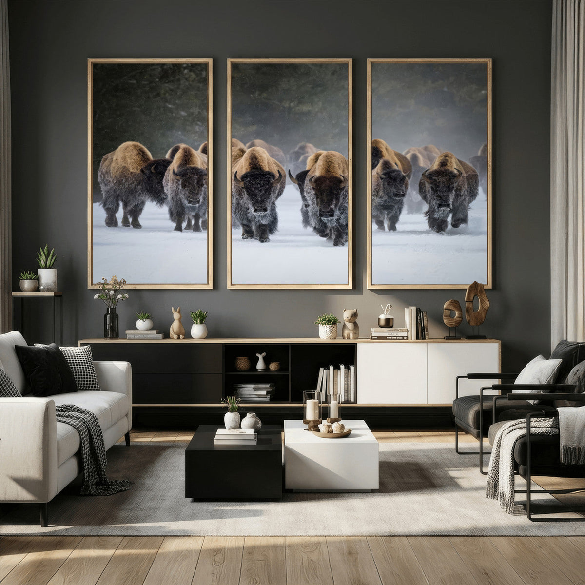 Bison Herd Wall Art Canvas Print, Framed Rustic Wildlife Decor, Snowy Bison Landscape