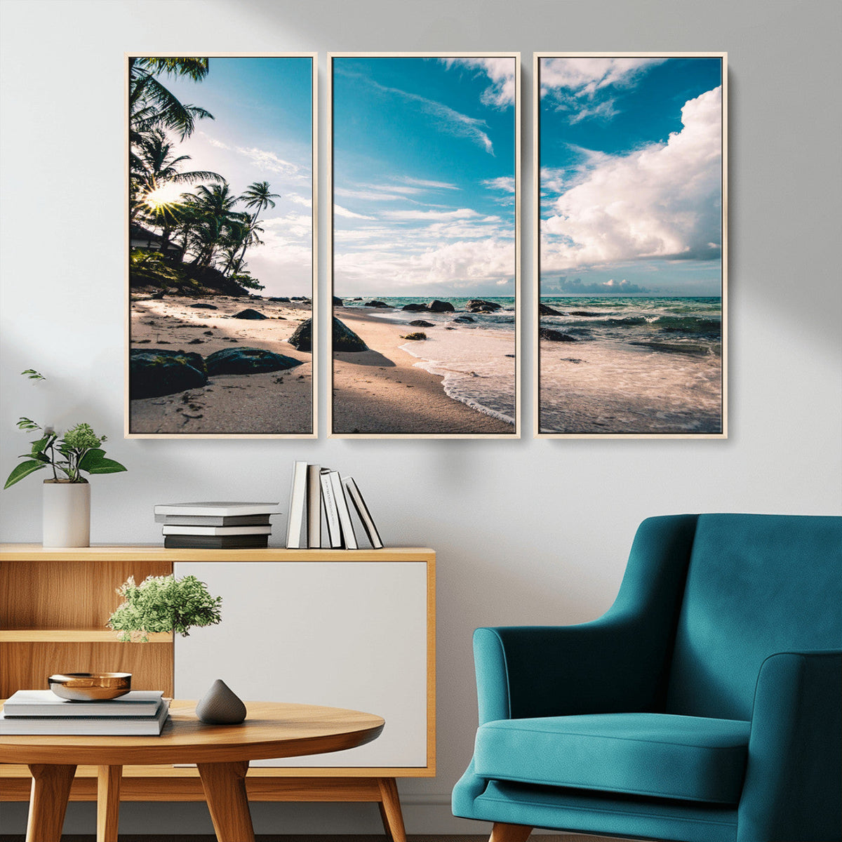 Tropical Beach Wall Art Canvas Print, Framed Ocean Waves Relaxing Seascape