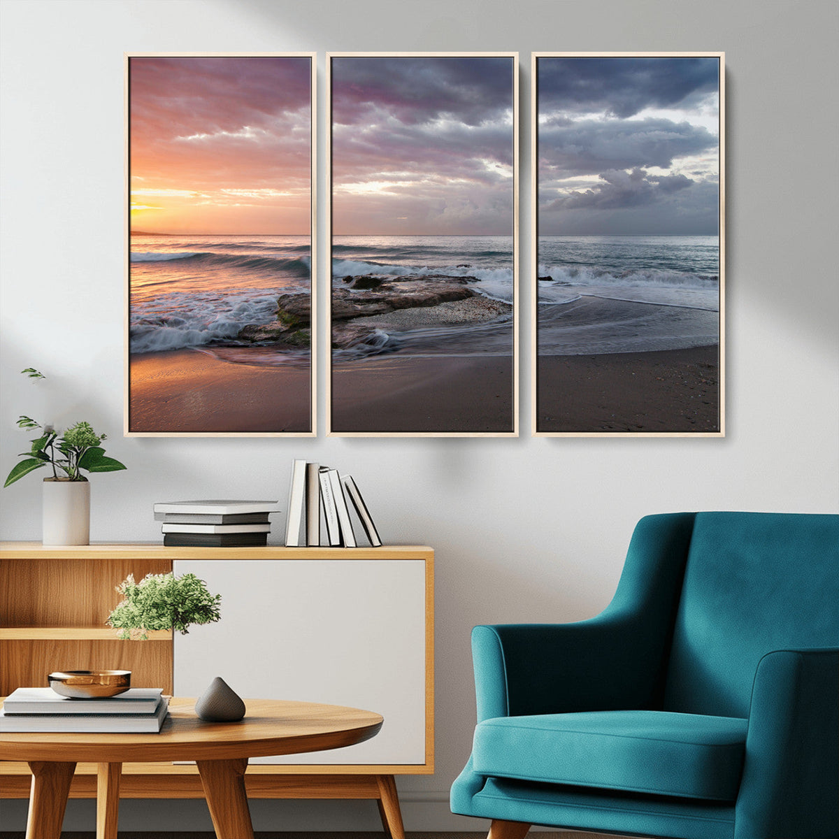 Golden Hour Wall Art Canvas Print, Framed Tranquil Waves Beach Sunset