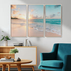 Beach Sunset Wall Art Canvas Print, Framed Ocean Waves Summer Escape