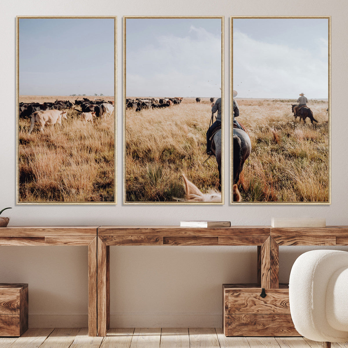 Western Wall Art Canvas Print, Framed Cowboy Cattle Drive Scene