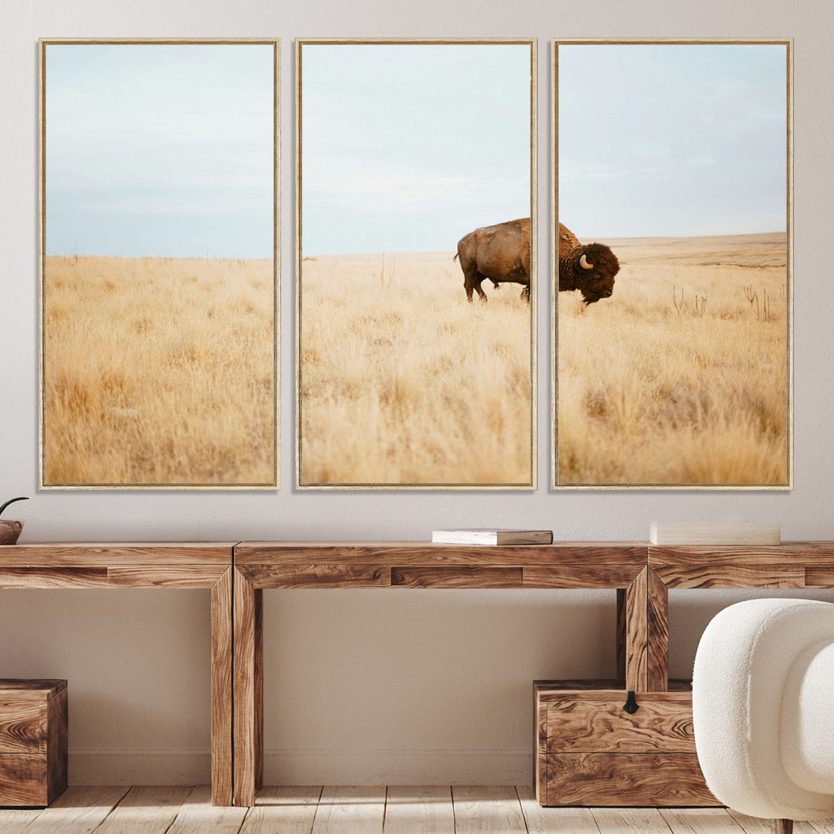 Buffalo Wall Art Canvas Print, Framed Western Wildlife Rustic Prairie Scene