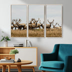 Elk Herd Wall Art Canvas Print, Framed Wildlife Photography Art, Majestic Antlers Rustic Wildlife Decor