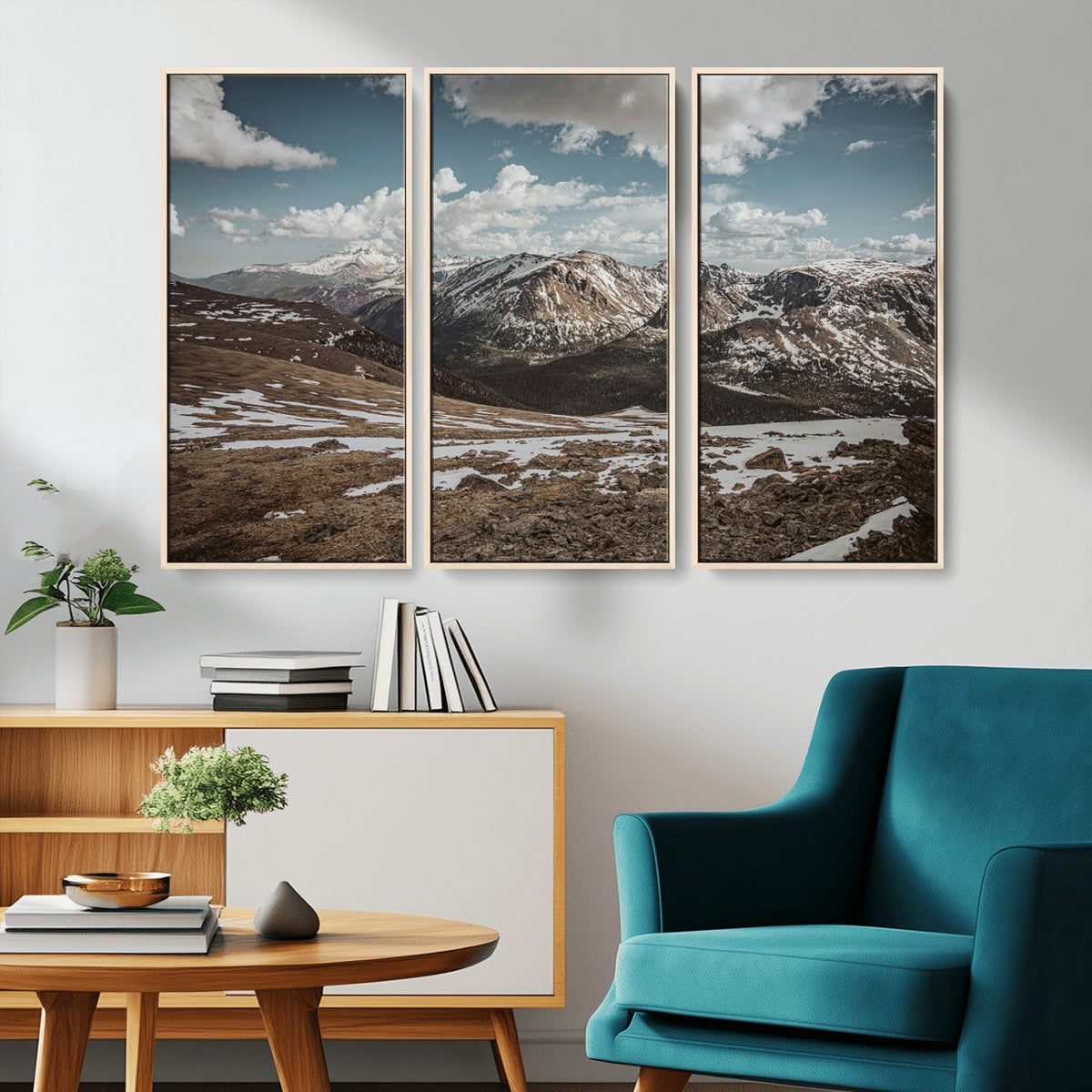 Mountain Landscape Wall Art Canvas Print, Framed Snowy Peaks Art, Rugged Highlands Rustic Adventure Decor