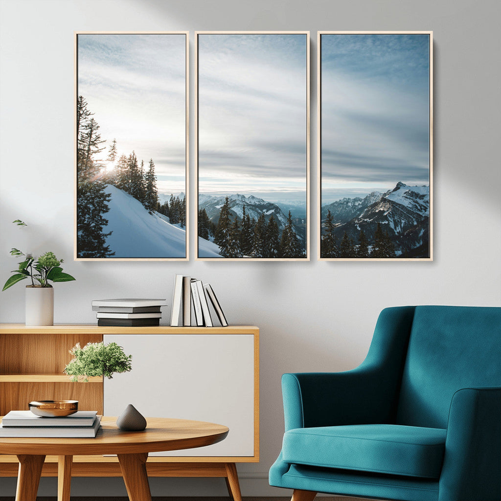 Snowy Mountains Wall Art Canvas Print, Framed Alpine Landscape Frosty Peaks Artwork