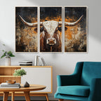 Abstract Longhorn Bull Wall Art Canvas Print, Vintage Western Texas Steer Artwork