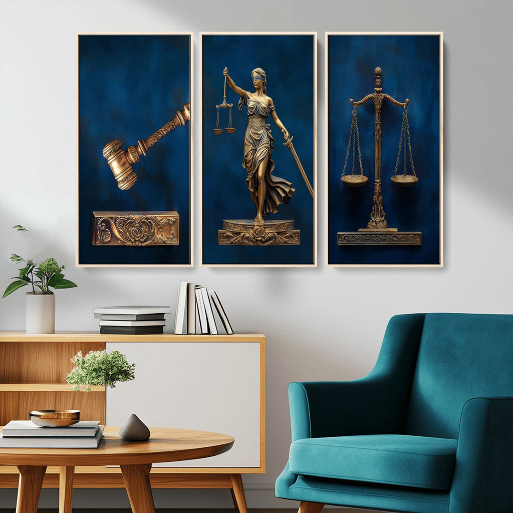 Lady Justice Wall Art Canvas Print, Elegant Gold Legal Symbols on Blue, Law Office Decor