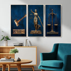 Lady Justice Wall Art Canvas Print, Elegant Gold Legal Symbols on Blue, Law Office Decor