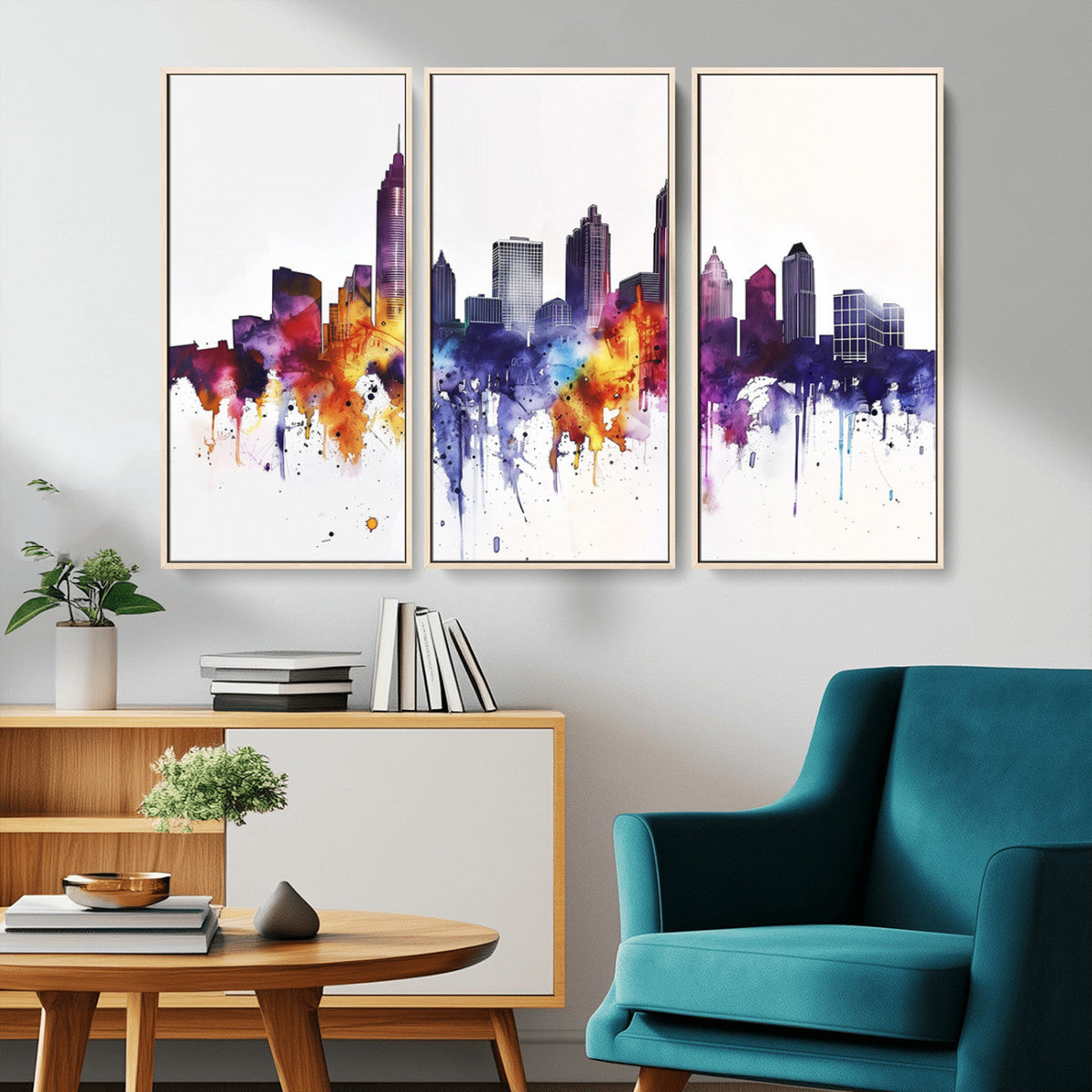 Atlanta Skyline Wall Art Canvas Print, Framed Colorful Watercolor Cityscape