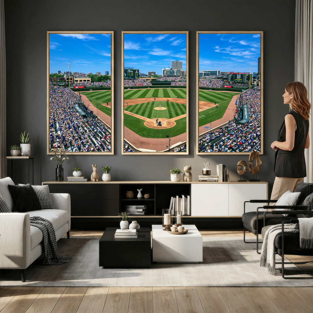 Wrigley Field Baseball Stadium Canvas Wall Art, Packed Crowd and Chicago Skyline