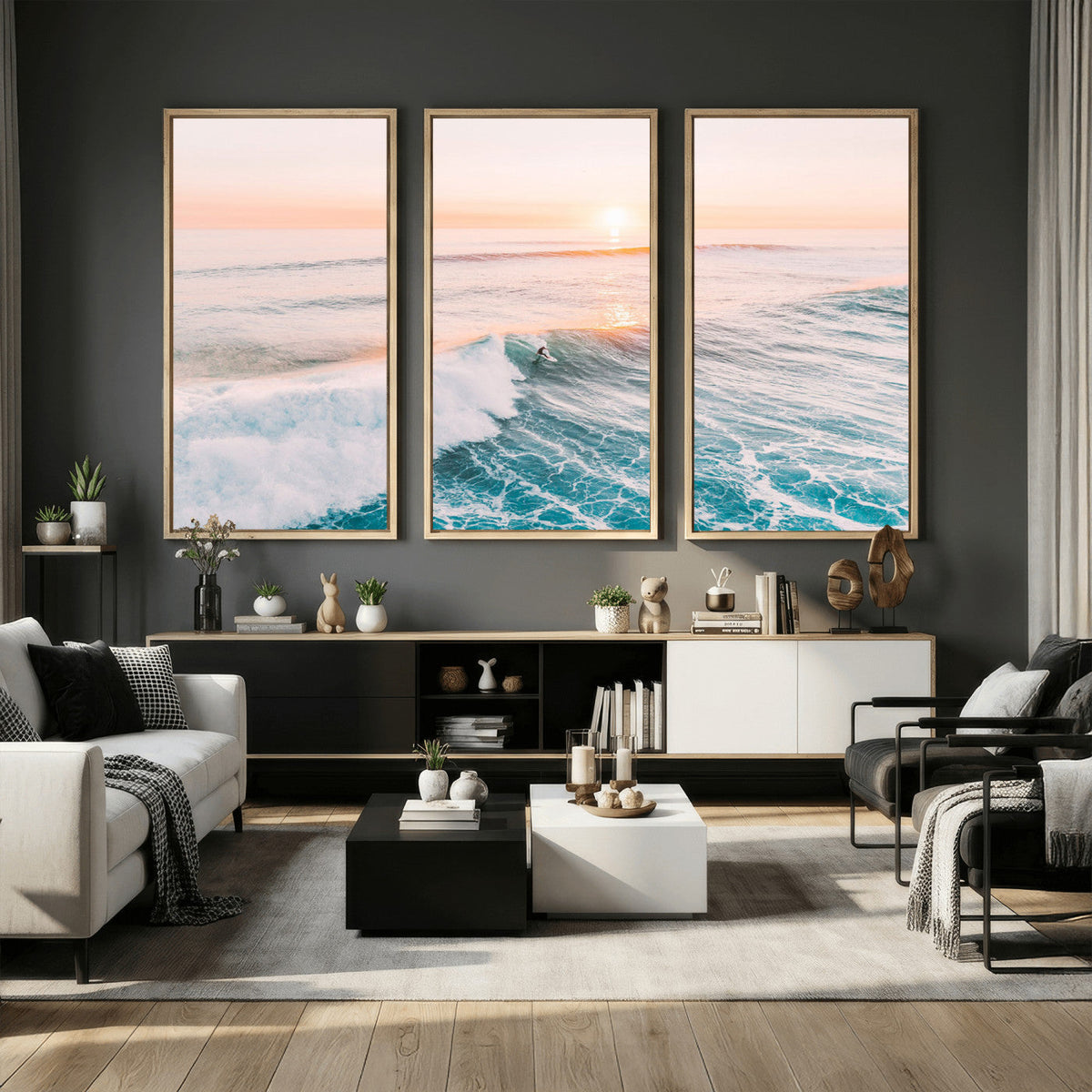 Sunset Surfing Wall Art Canvas Print, Ocean Wave Surfer with Golden Sky
