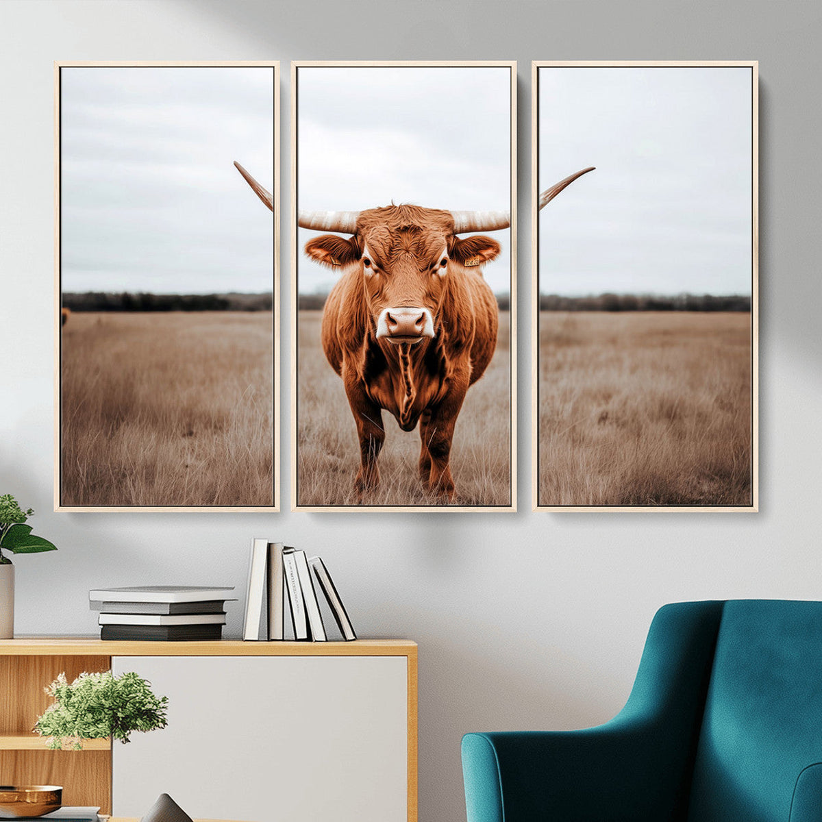 Longhorn Bull Wall Art Canvas Print, Framed Rustic Decor