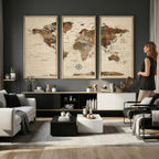 Vintage World Map Wall Art Canvas Print for Living Room, Office and Study