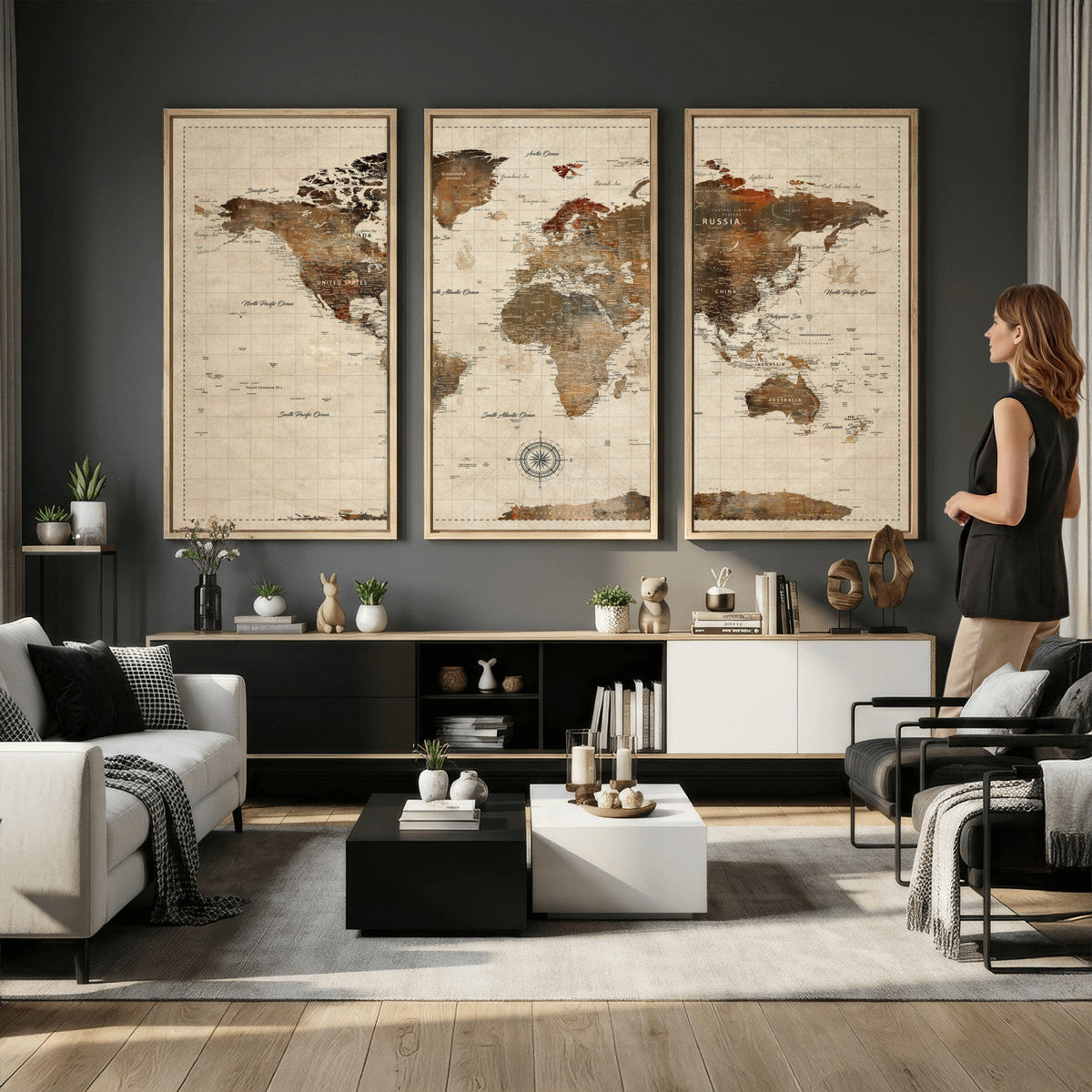 Vintage World Map Wall Art Canvas Print for Living Room, Office and Study