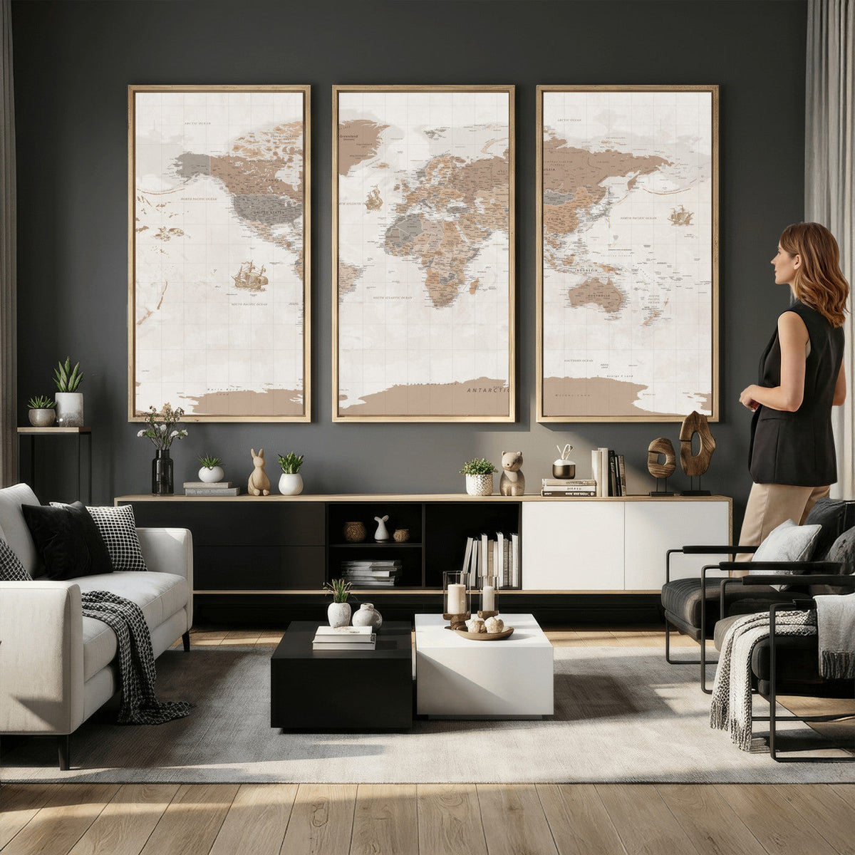 Framed Large World Map Canvas Print for Office Decor