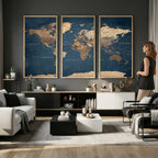 Navy Blue World Map Canvas Print | Framed Travel Map Wall Art