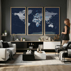 Blue Detailed World Map Wall Art Canvas Print | Modern Framed Map