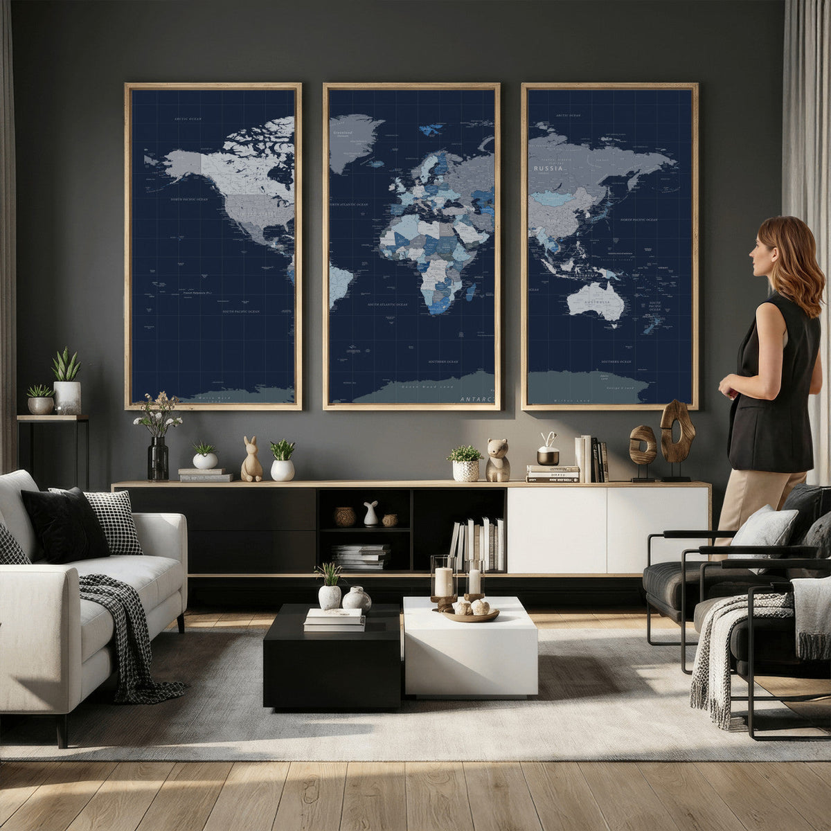 Blue Detailed World Map Wall Art Canvas Print | Modern Framed Map