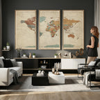 Vintage World Map Canvas Wall Art Print | Framed Modern World Map