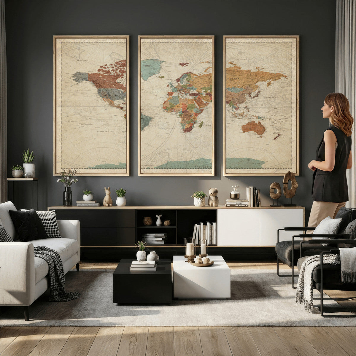 Vintage World Map Canvas Wall Art Print | Framed Modern World Map