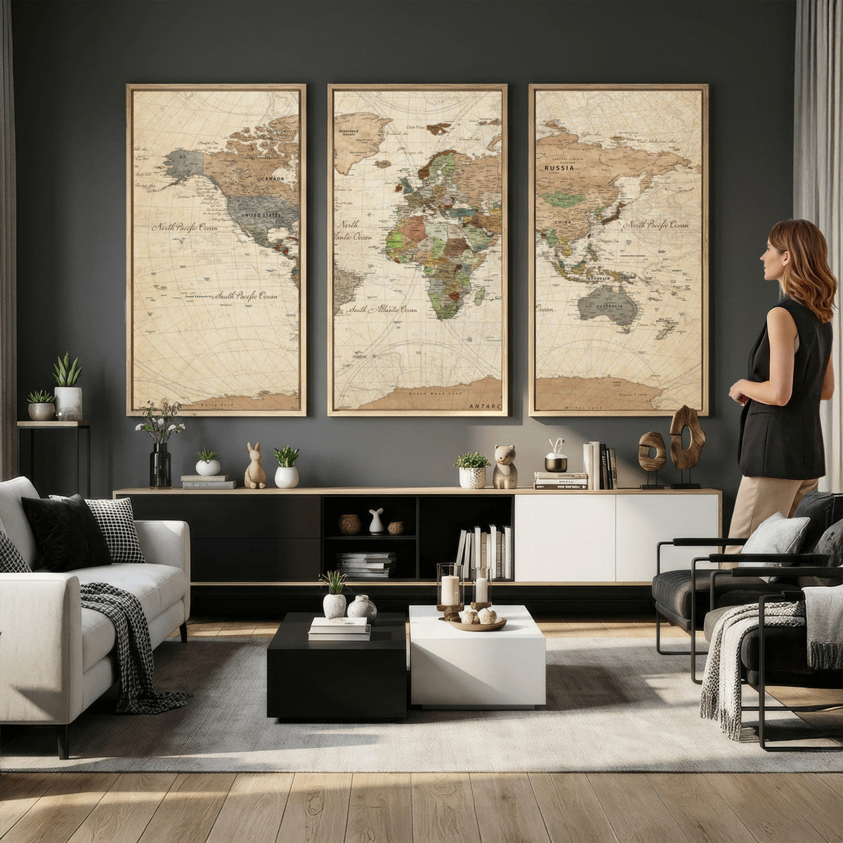 Framed World Map Wall Art for Home and Office Decor