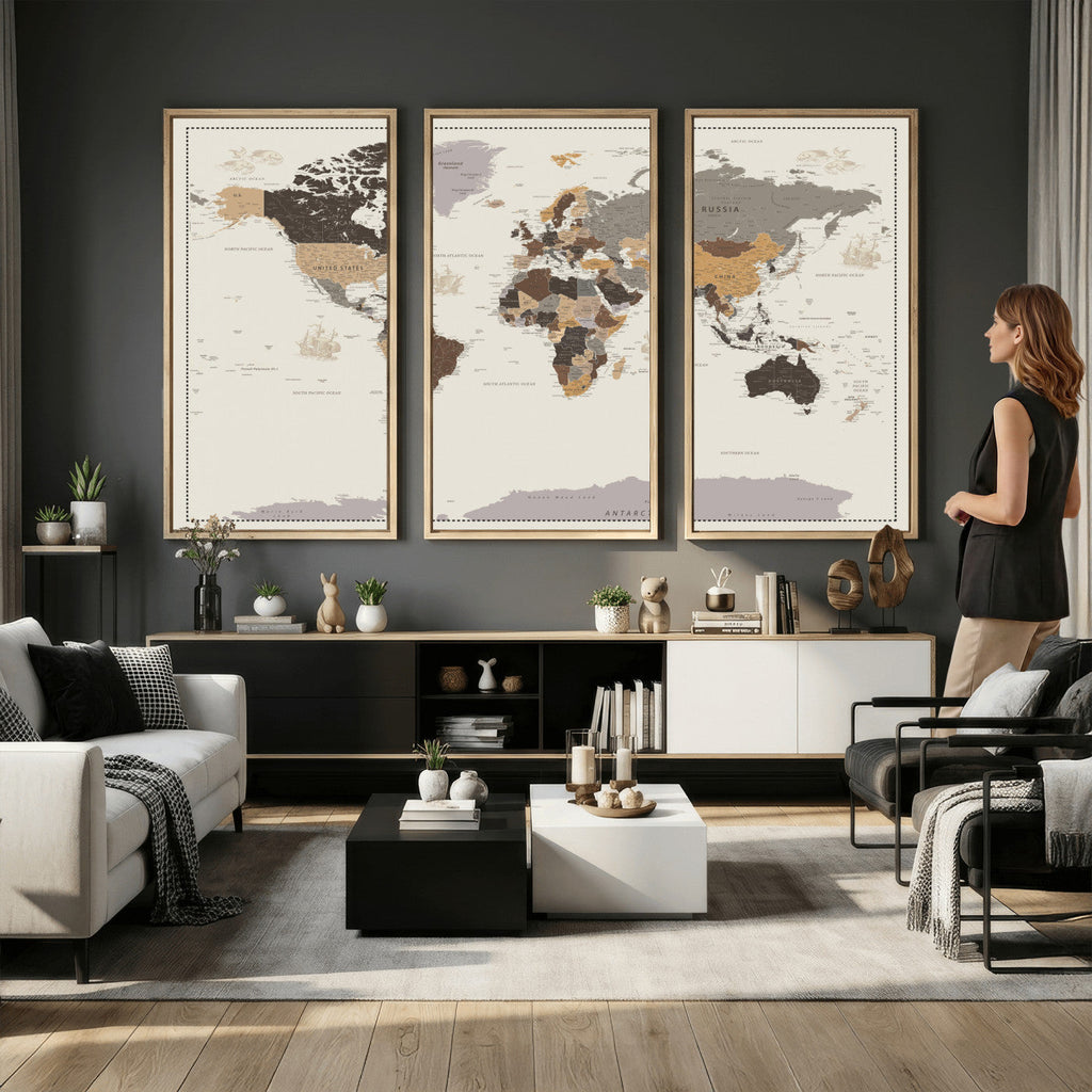 Custom Beige Modern Push Pin World Map Canvas Print, Places Visited Tracker, Bedroom and Study Decor