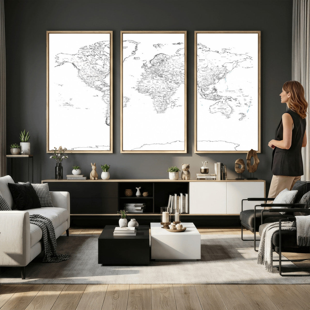 World Map Canvas Print, Framed Modern Detailed Map of the World for Home or Office