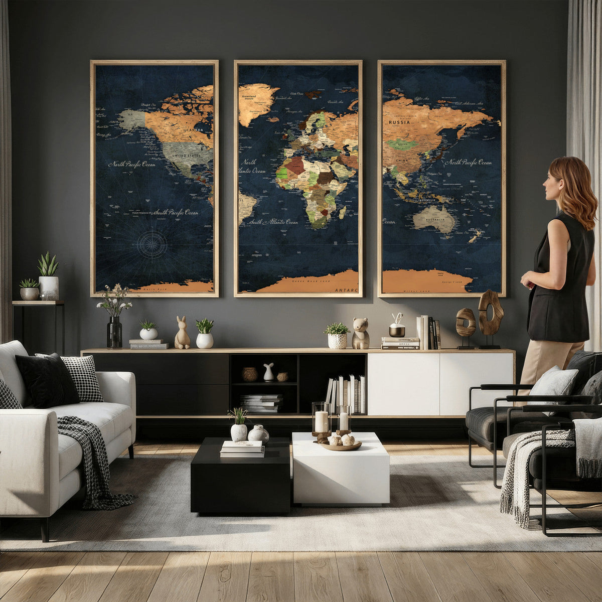 Vintage World Map Canvas Wall Art | Detailed Map with Countries, Oceans and Continents