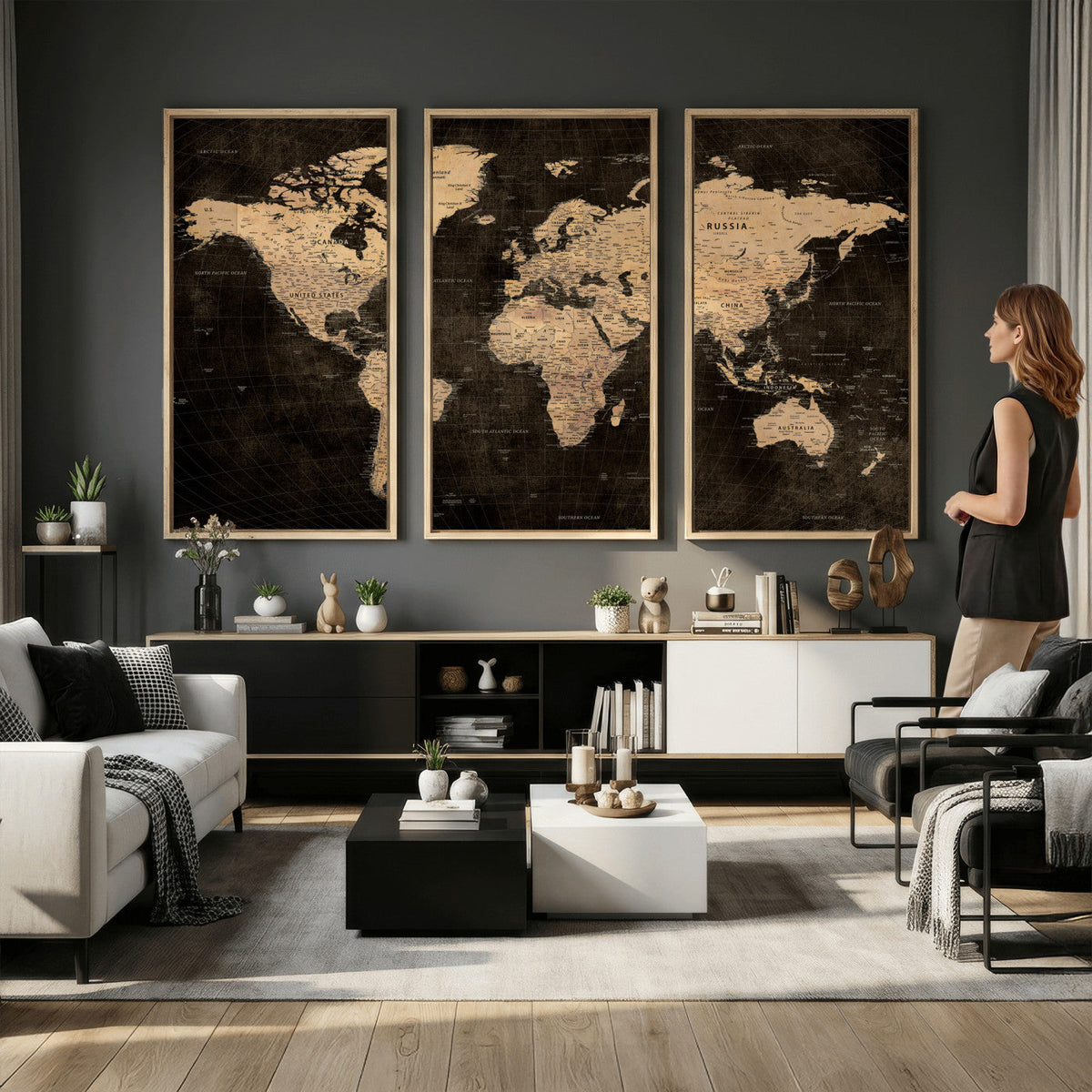 Brown World Map Canvas Print | Modern Travel Map Wall Art